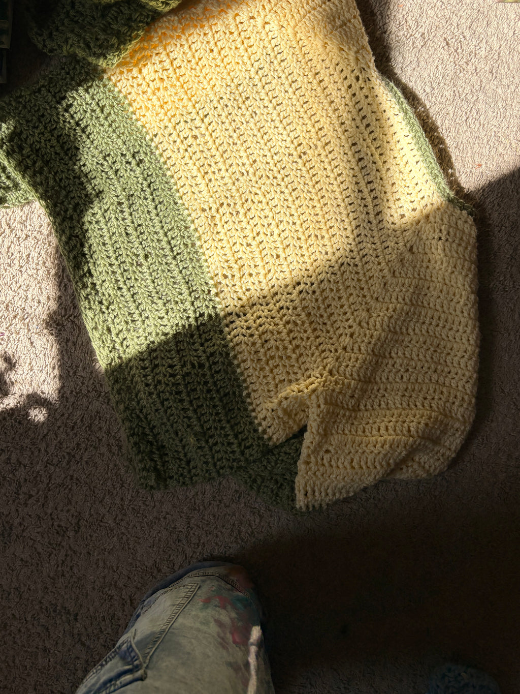 Yellow and green two tone crocheted sweater