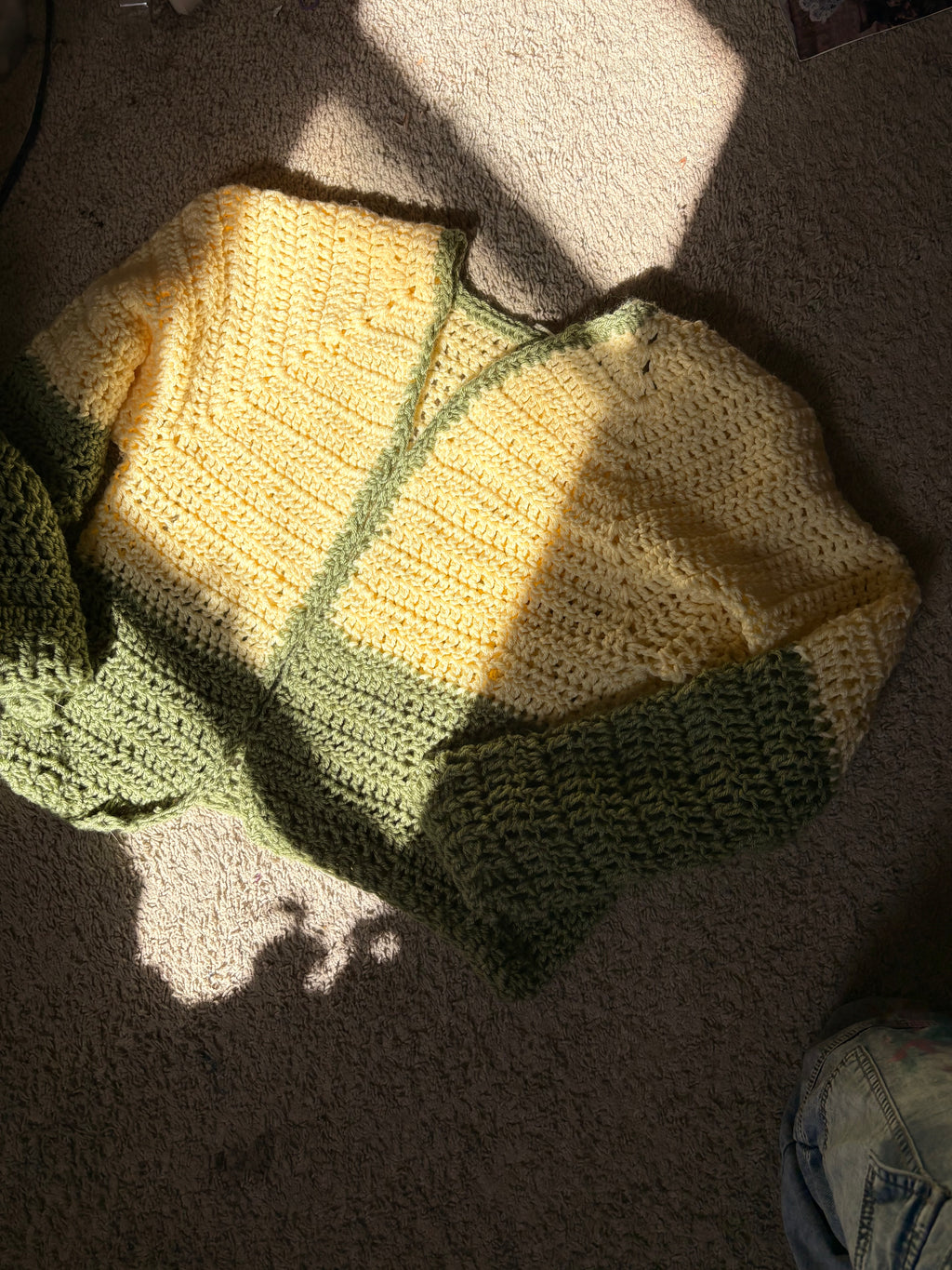 Yellow and green two tone crocheted sweater
