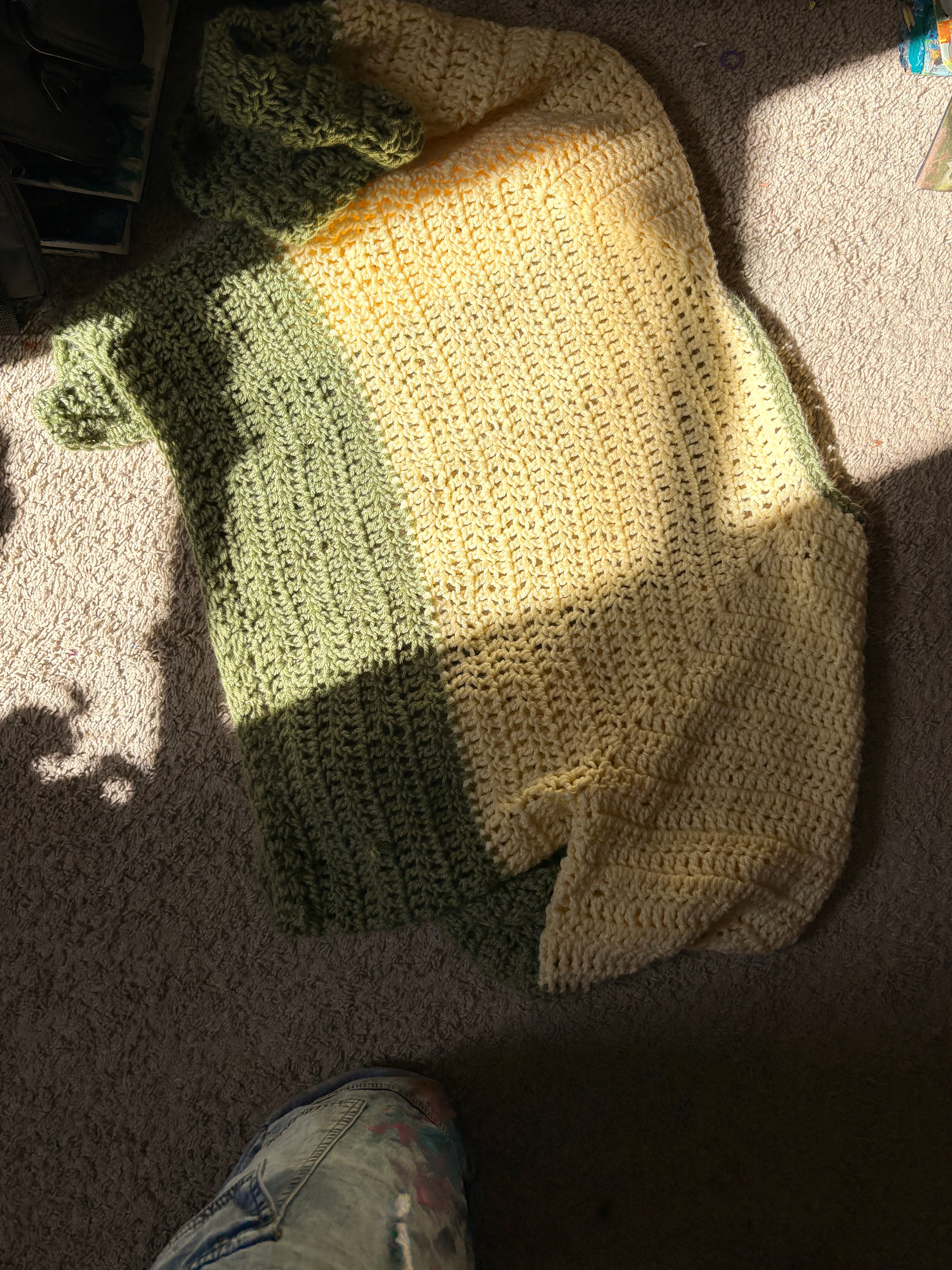 Yellow and green two tone crocheted sweater